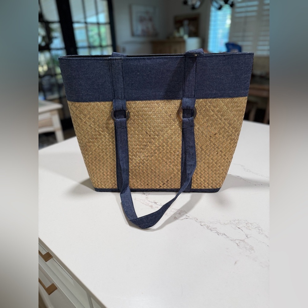 NEW Large Straw & Denim Shopping Tote Bag 19x14”
